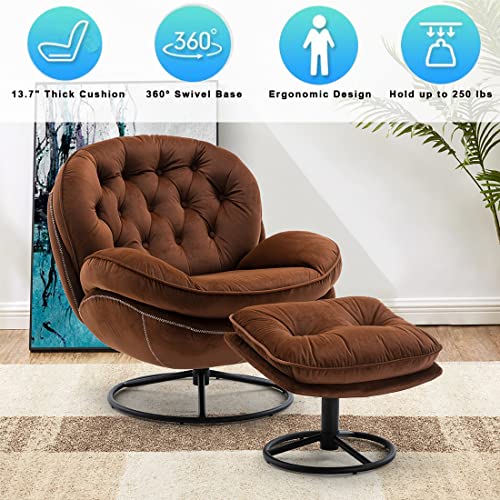 Baysitone Velvet Swivel Accent Chair with Ottoman Set, Modern Lounge Chair with Footrest, Comfy Armchair with 360 Degree Swiveling for Living Room
