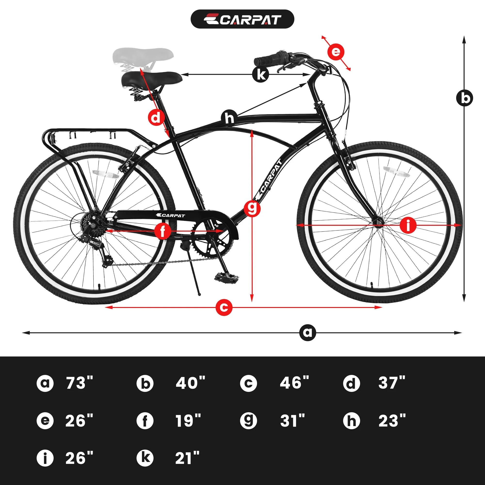 26-inch Bicycle with 7 Speeds, SEGMART Upgrade Adult Bike with Adjustable Beach Seat, Lightweight Steel Beach Cruiser Bike with Rear Cargo Rack, Black