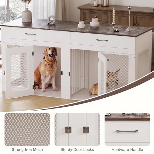 71 Inch Dog Crate Furniture for 2 Dogs, XXL Double Cage with Removable Divider & Large Doors, Heavy Duty Wooden Dog Kennel, Indoor Pet House (Black