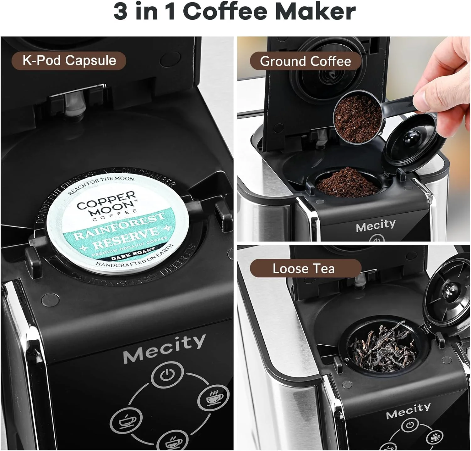 Mecity Coffee Maker 3 in 1 Single Serve Coffee Machine, Compatible with K cup Capsules, Instant Coffee Pot, Tea maker, 6,8,10 Oz Cup