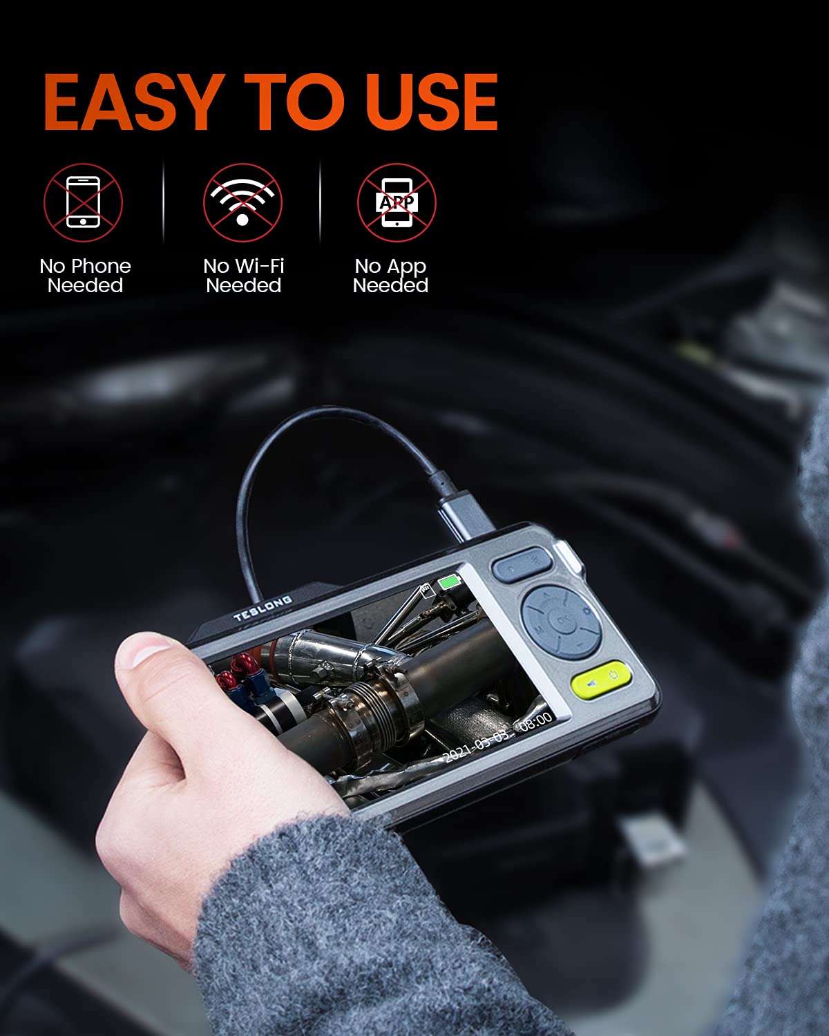 Triple Lens Inspection Camera, Teslong Digital Borescope Endoscope, Snake Scope Camera, HD, Waterproof Probe with Light, 5 IPS Screen, Plumbing, Pipe