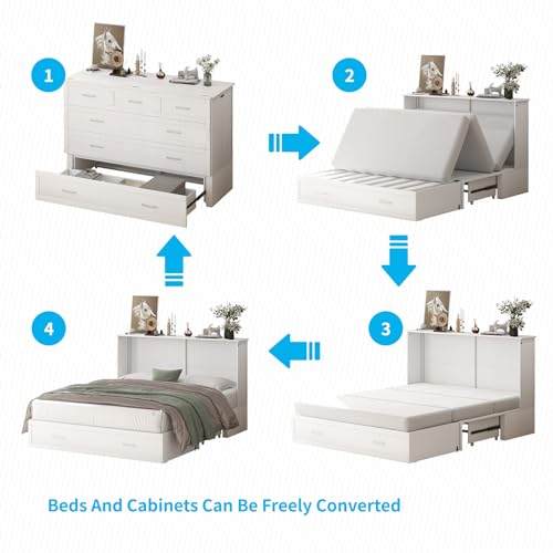 Mjkone Queen Size Cabinet Murphy Bed with Tri-Fold Mattress, Modern Multipurpose Wall Cabinet Chest Bed