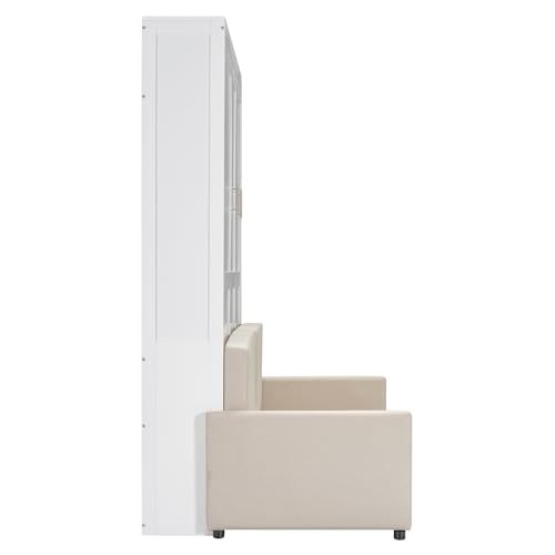 LZ LEISURE ZONE Queen Size Murphy Bed, Wooden Queen Murphy Wall Bed with Cushion and Sofa, for Home Office or Small Room, White