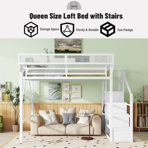 Full Size Loft Bed with Desk and Stairs, Heavy-Duty Steel Loft Bed Frame with Wardrobe & LED Light