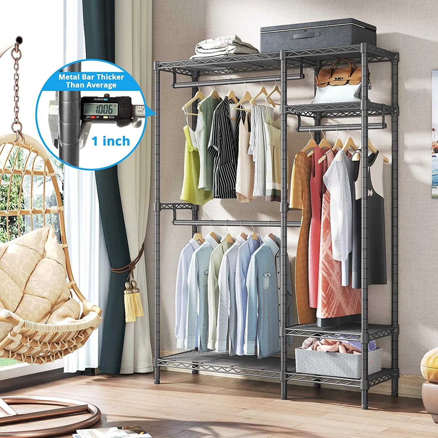 V2S Garment Rack Heavy Duty Metal Clothing Rack, 4 Tiers Wire Shelving Clothes Rack with 3 Hanging Rods