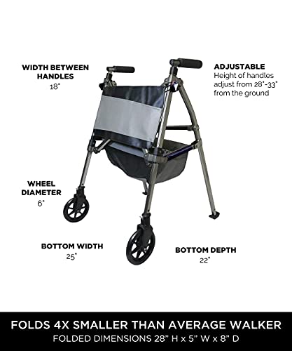 Elite Travel Walker Short, Junior Lightweight Folding Rolling Walker with Swivel Wheels for Adults, Seniors, and Elderly, Petite Walker