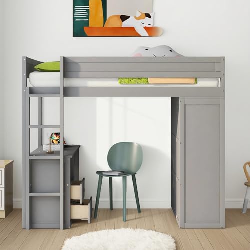 Full Size Loft Bed with L-Shaped Desk, Wardrobe and Storage Shelves, Solid Wood Bedframe w/Safety Guardrails & Ladder for Kids Teens Adults