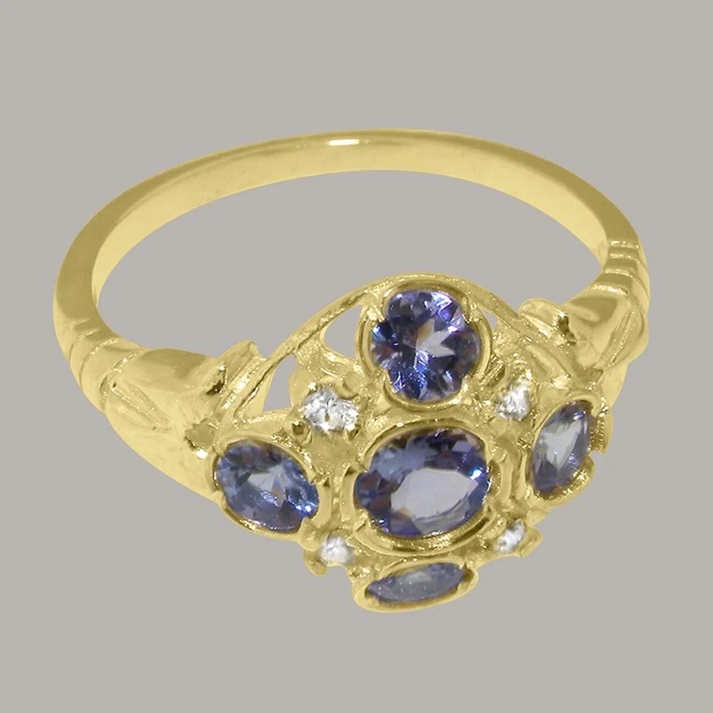 LBG British Made 9k Yellow Gold Natural Tanzanite & Diamond Womens Statement Ring - 33 size options - Size 10