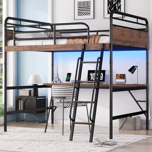 Full Size Loft Bed with Desk and Stairs, Heavy-Duty Steel Loft Bed Frame with Wardrobe & LED Light
