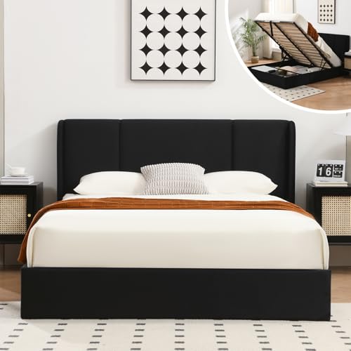 VELOCAVA Queen Size Lift Up Storage Bed with Modern Wingback Headboard, Upholstered Platform Bed with Fabric with Hydraulic Support Bars