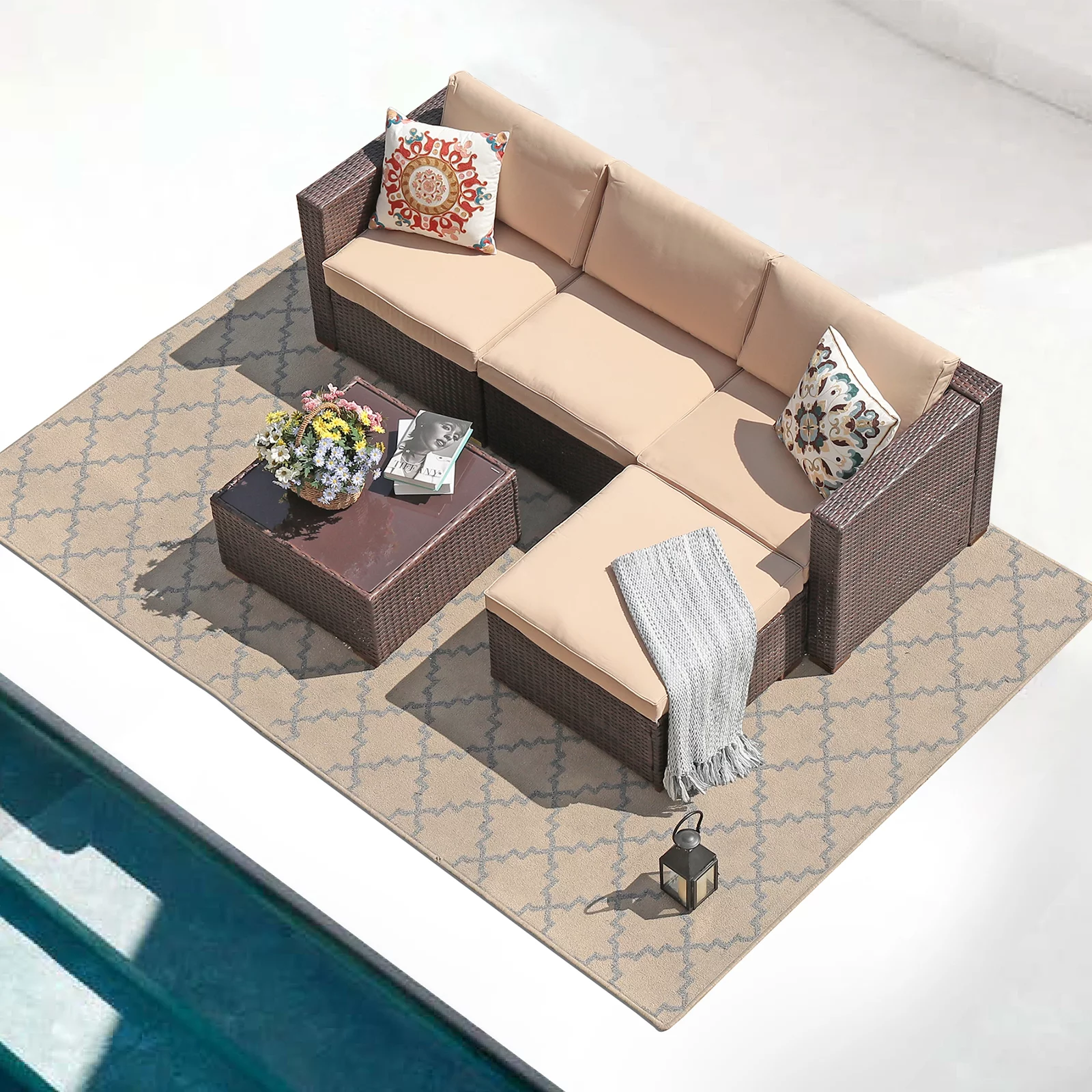 Patiorama 5-Piece Patio Furniture Set, Outdoor Sectional Conversation Set, All-Weather Brown PE Wicker with Beige Cushions
