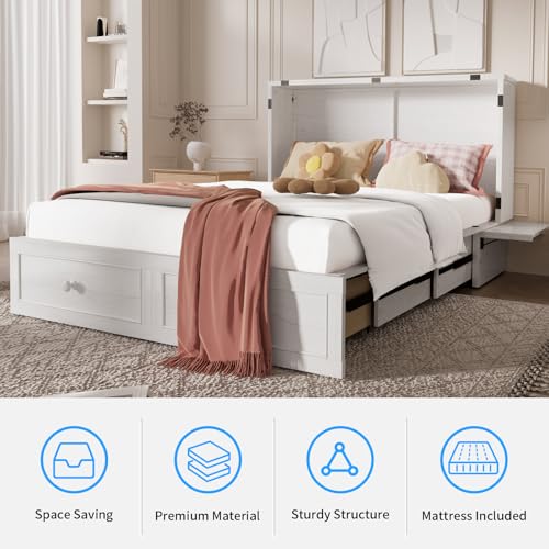 PUREMIND Queen Murphy Bed with Storage Drawers, Camas Con Colchon Incluido, Hideaway Chest Beds with Built-in Charging Station
