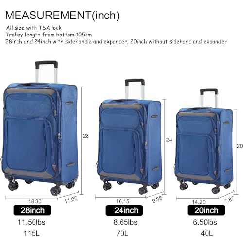 Softside Luggage Sets With Spinner Wheels, Softshell Lightweight Suitcase With Expandable And TSA Lock, 3pcs Set (blue)