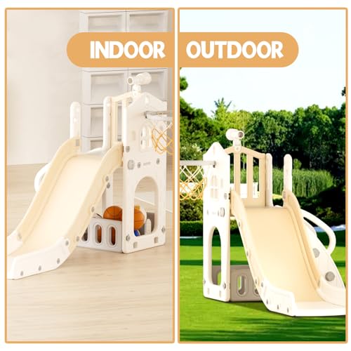 XJD 5 in 1 Toddler Slide, Kids Slide for Toddlers Age 1-3, Outdoor Indoor Playset for Toddlers with Basketball Hoop and Ball