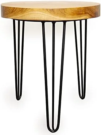 KHBIULIFE Natural Teak Wood Slab Round Accent End Table (Teak Wood)