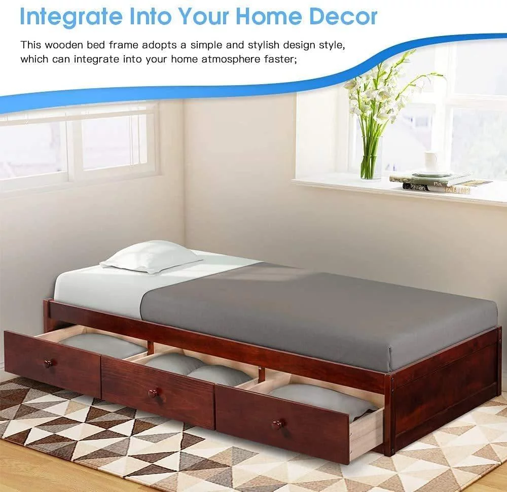 Twin Size Platform Bed Frame with Three Drawers, Sturdy Wood Structure, Small Space & No Box Spring Needed (Brown Cherry)