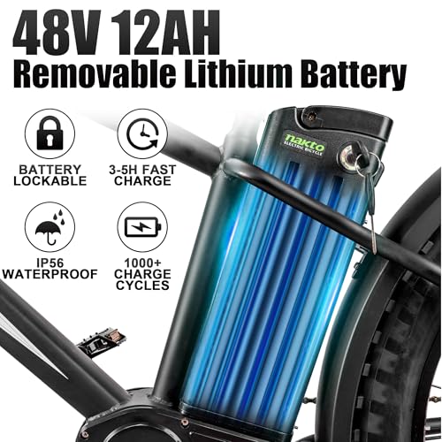 NAKTO 26" Electric Bike for Adults, 4.0" Fat Tire E-Bike with Peak 1500W Powerful Rear Hub Motor and Disc Brakes, Electric Bicycle with Battery Lock