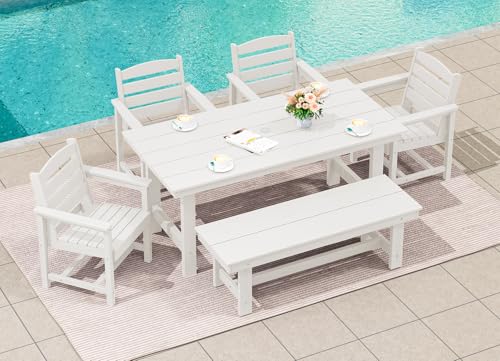 SERWALL Outdoor HDPE Dining Table Set, 7-Piece Outdoor Dining Table Sets with Umbrella Hole Cut-Out Table and 6 Chairs, Gray