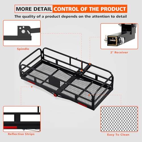 Hitch Mount Cargo Carrier Basket 500 LBS Folding Vehicle Cargo Baskets 60" x 24" x 14" Fits 2" Receiver with 2" Hitch Stabilizer for SUV