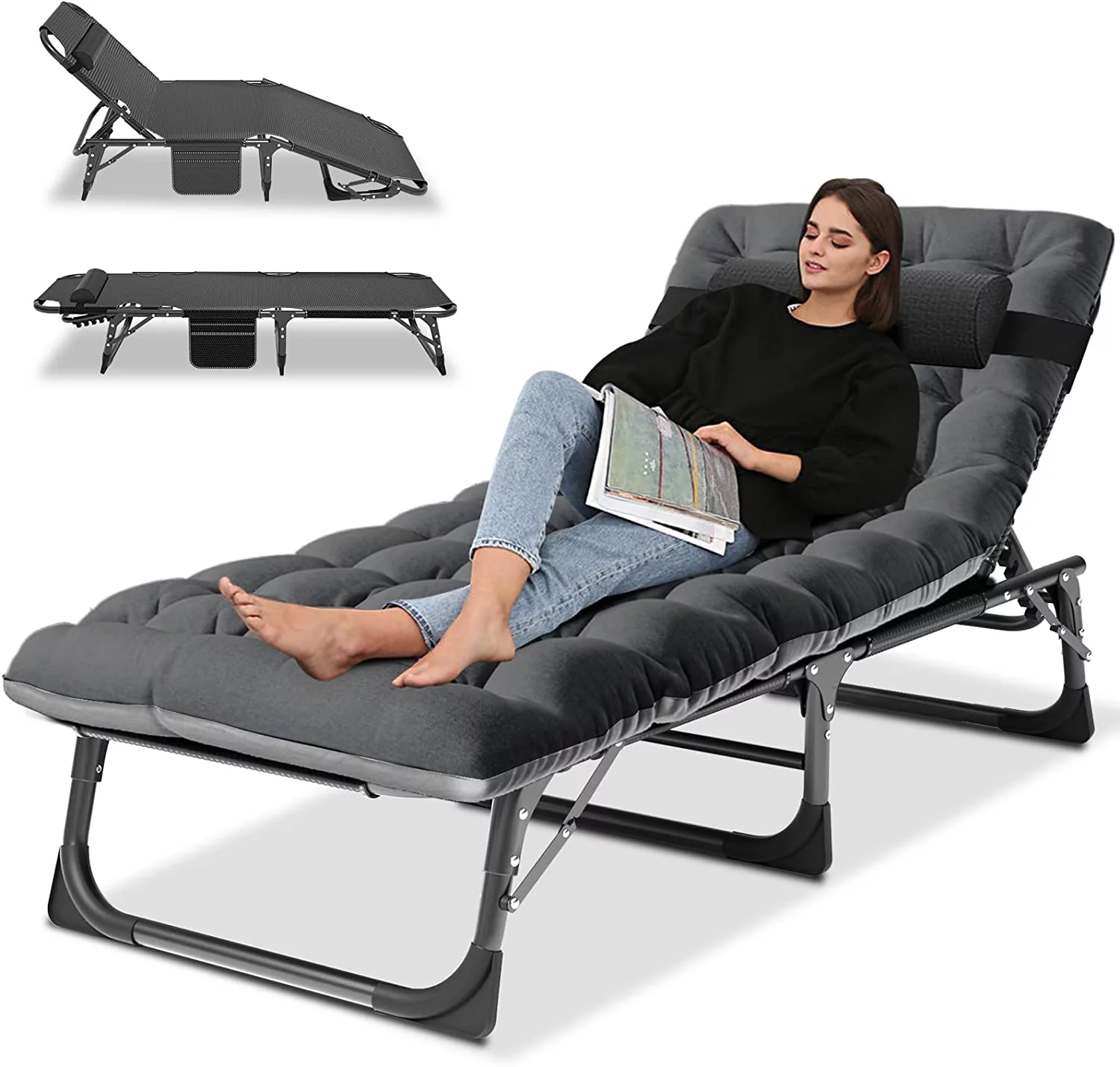 Slsy Folding Sleeping Cots Bed with 2 Sided Mattress & Pillow, Folding Camping Cot, Adjustable 4-Position Folding Lounge Chair