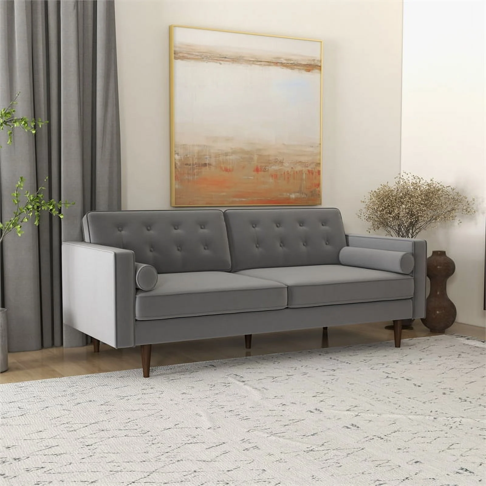 Kearney Mid Century Modern Furniture Style Gray Velvet Living Room Couch