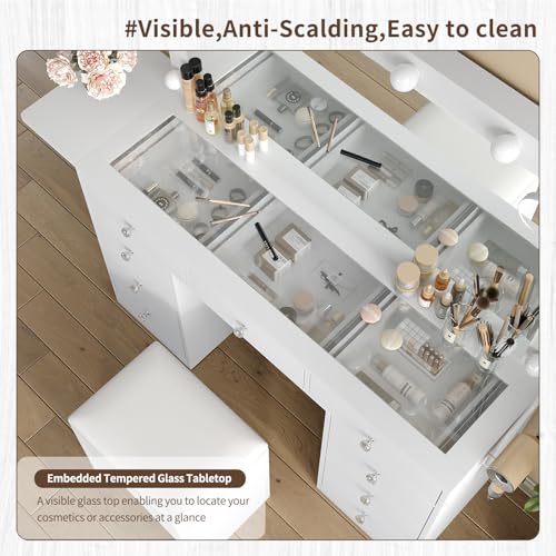 55" W Vanity Desk, Makeup Vanity with Charging Station, 15 Drawers with Lighted Mirror, 3 Lighting Modes, Brightness Adjustable, Glass Top