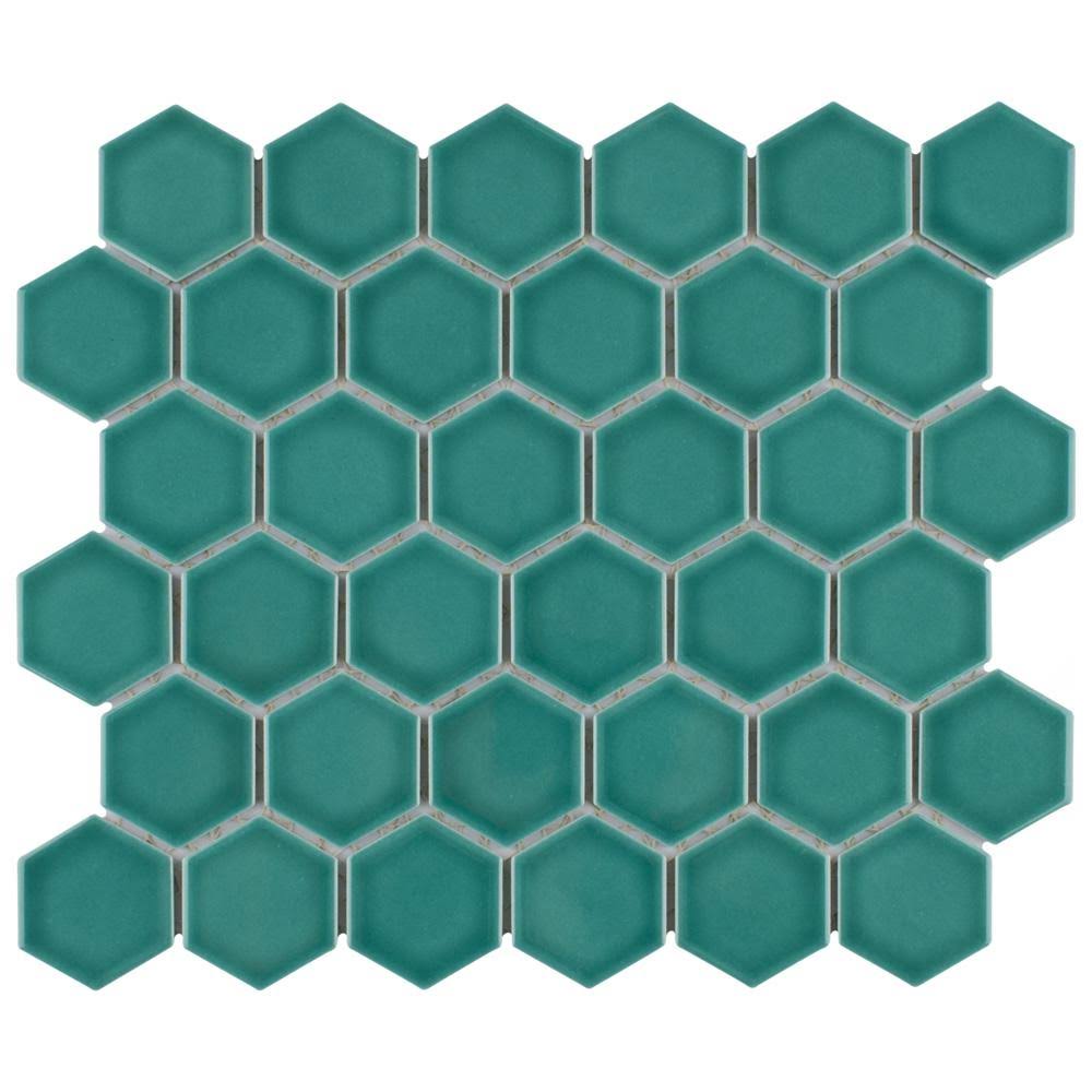 Merola Tile Tribeca 2 in. Hex Glossy Jade 11-1/8 in. x 12-5/8 in. x 7mm Porcelain Mosaic Tile (9.96 Sq. ft./case), Green