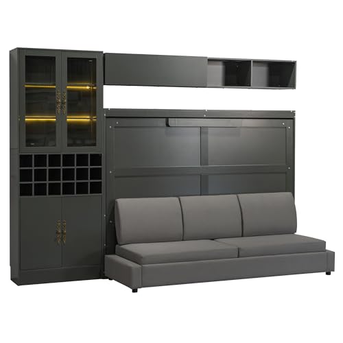 MERITLINE Queen Murphy Bed with Couch and Storage Shelves,Charging Station& LED Light