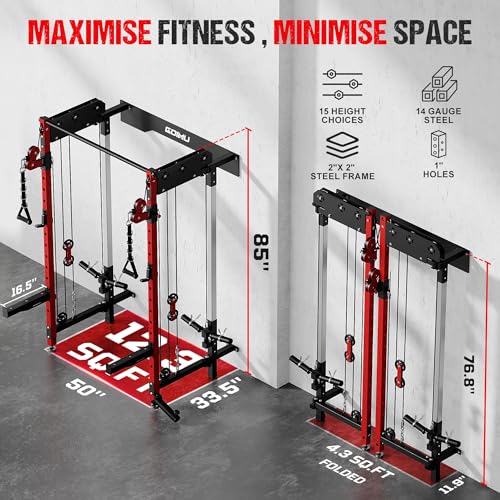 WM3-V4 Folding Squat Rack, Wall Mounted Power Rack with Dual Independent Pulley System