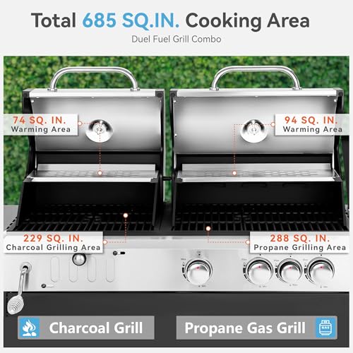3 Burner Propane Gas and Charcoal Grill Combo with Side Burner & Porcelain-Enameled Cast Iron Grates, 37