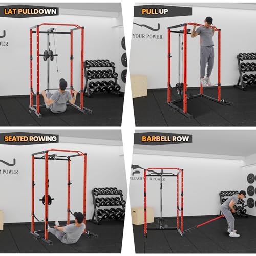 Power Cage with LAT Pulldown, Multi-Functional Power Rack with Cable Pulley System and J-Hooks, Squat Rack with Dip Bars and Landmine Attachment
