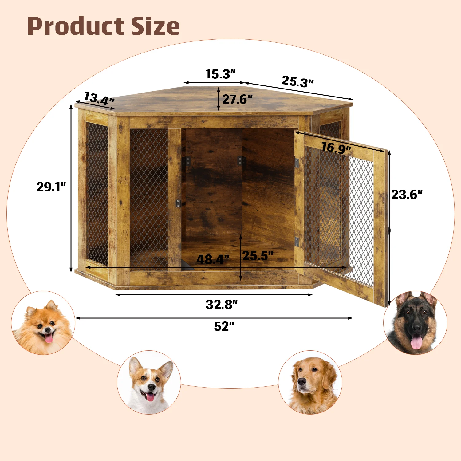 Bossin 44"Corner Dog Crate Furniture，Wooden Dog Kennel Indoor Furniture，Decorative Dog Crate