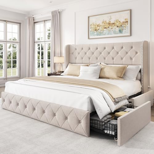 King Size Bed Frame with 4 Storage Drawers and Tufted Headboard Linen Upholstered Platform Bed Frame Wingback Beds with Wooden Slats Support