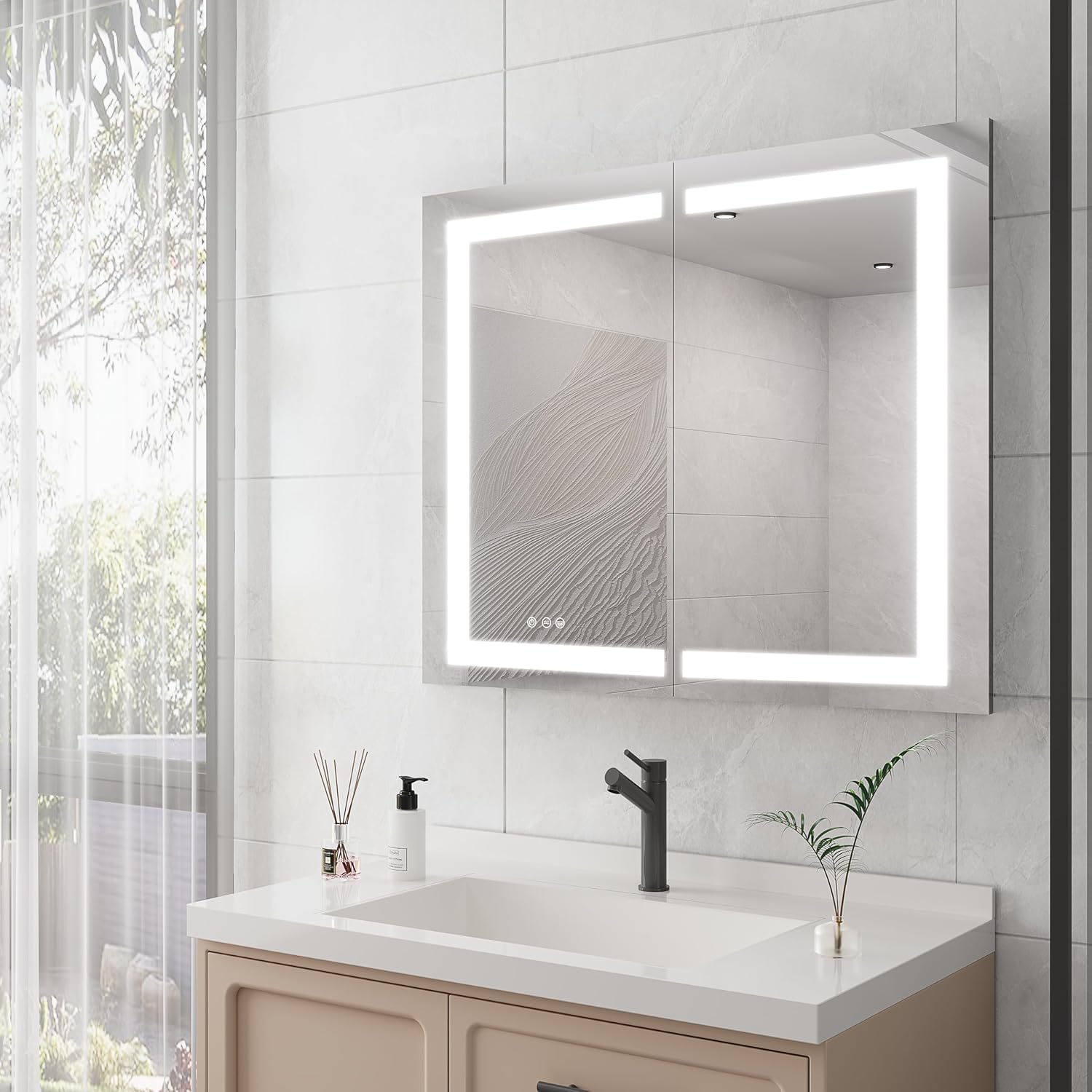 36 x 30 inch Medicine Cabinet with LED Vanity Mirror, Anti-Fog, Recessed or Surface Mount, Waterproof, Dimmable