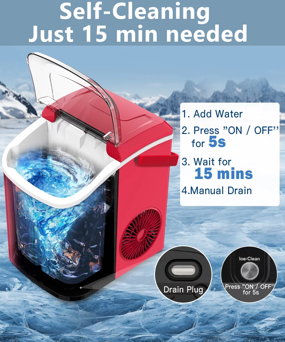 COWSAR 33lbs Countertop Nugget Ice Maker, Potable with Scoop,聽Soft Nugget Ice Ready in 10mins, Red
