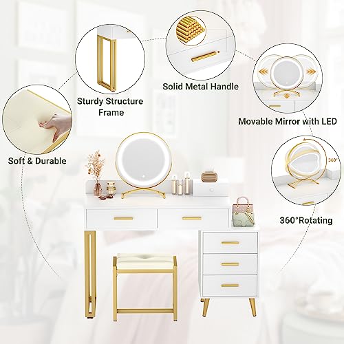 White Vanity Desk with Mirror and Lights, Modern Makeup Vanity Table Set with 6 Storage Drawers and Cushioned Stool for Bedroom