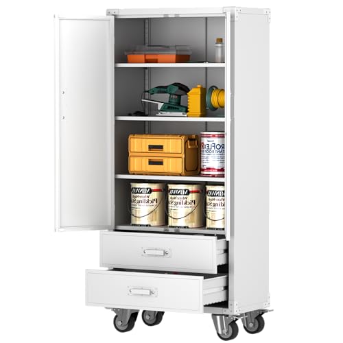 Aobabo 71" H×32" W×16" D Metal Storage Cabinet with Wheels, Garage Steel Storage Cabinet with 5 Adjustable Shelves and 4 Hooks for Home Office
