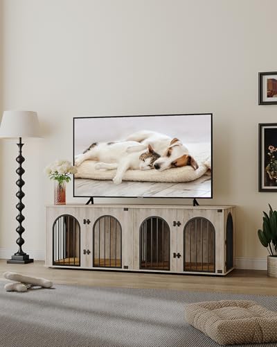 71" Dog Crate Furniture for 2 Dogs, Heavy Duty Indoor Dog Kennel TV Stand, XXL Wooden Dog Cage with Divider for Medium Large Dogs