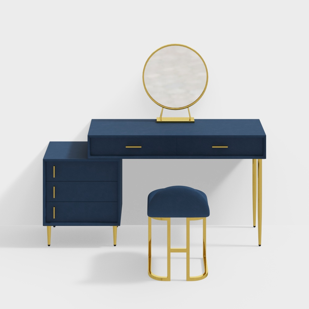 Modern Blue Makeup Vanity Set Retracted Dressing Table Cabinet&Stool&Mirror Included