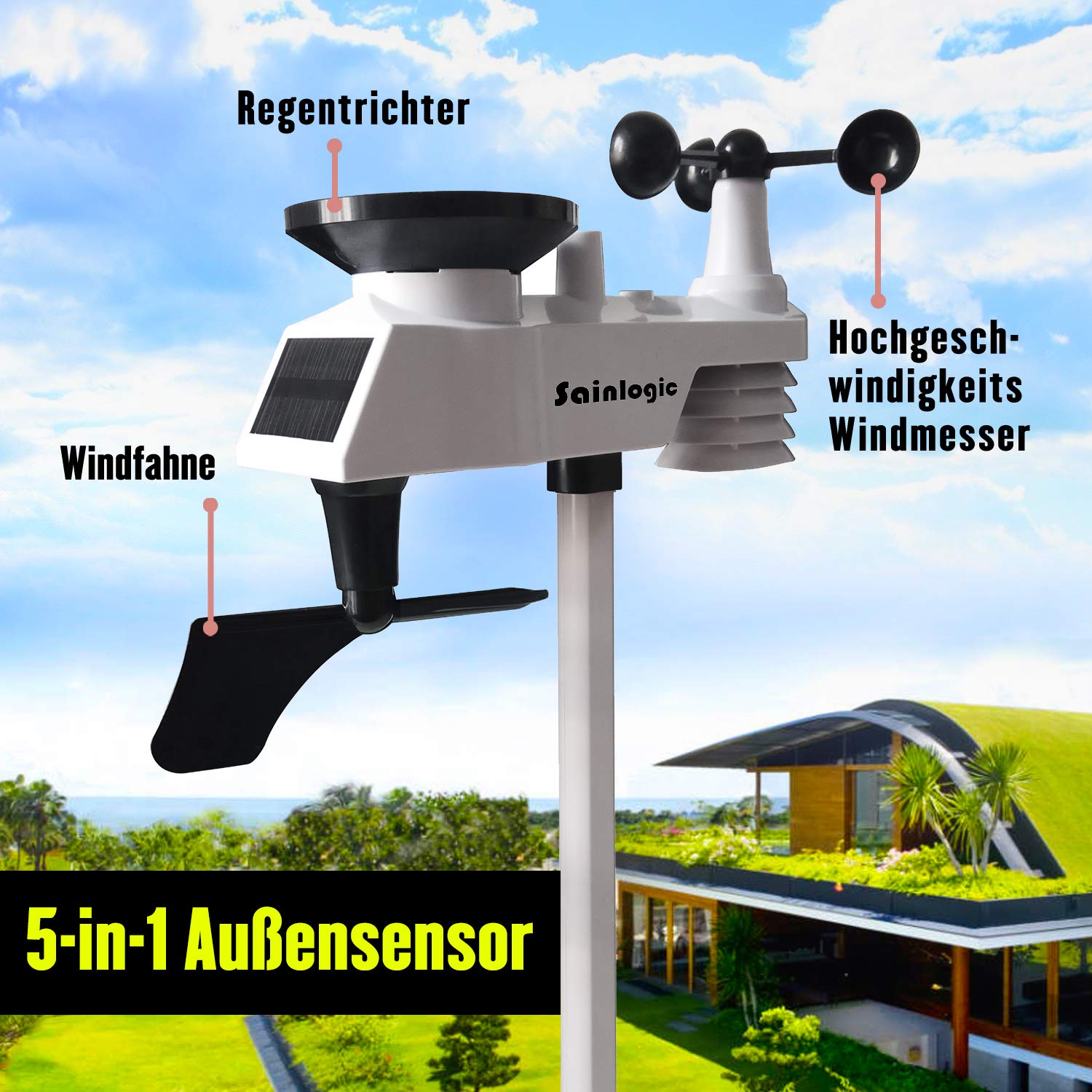 Sainlogic Wireless Weather Station with Outdoor Sensor, 5-in-1 Weather Station Indoor Outdoor with Rain Gauge,Weather Forecast, Temperature, Humidity