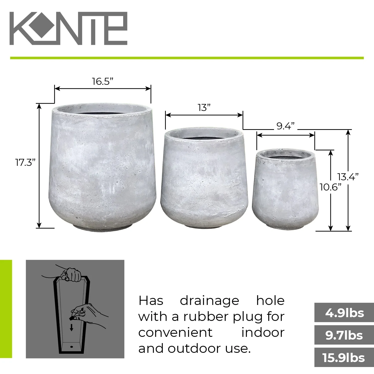 Kante  Round Concrete Planter (Set of 3 Sizes), Outdoor/Indoor(Concrete Grey) White
