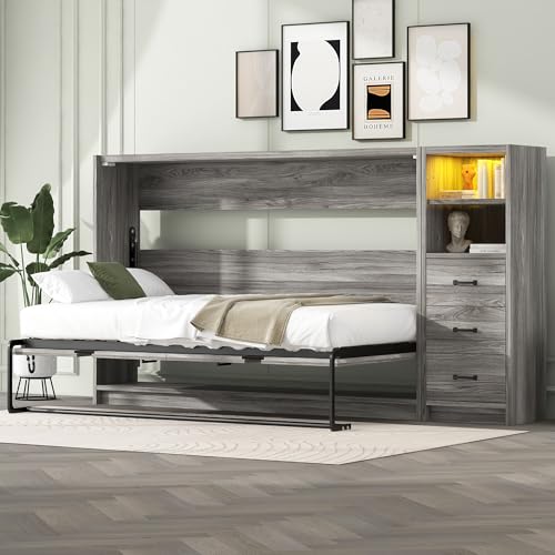 Ball & Cast Queen Size Murphy Bed Hideaway Wall Chest with Top Shelves & USB,Storage Cabinet Bed Frame w/Slat Support