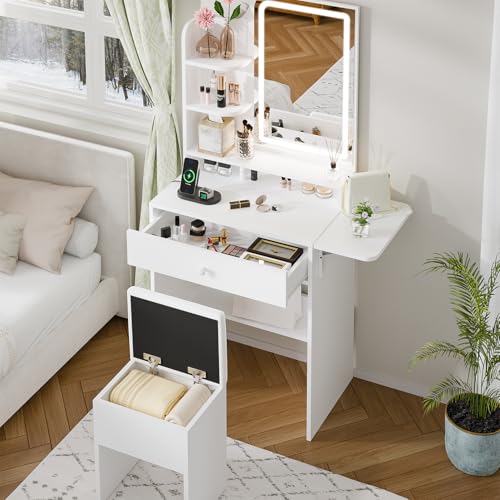 Haewon White Makeup Vanity Desk with Mirror and Lights, Vanity Table Set with Charging Station, Drawer, Storage Chair and Shelves