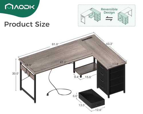 AODK L Shaped Gaming Desk with 4 Drawers, 61" Reversible Home Office Desks with Power Outlets