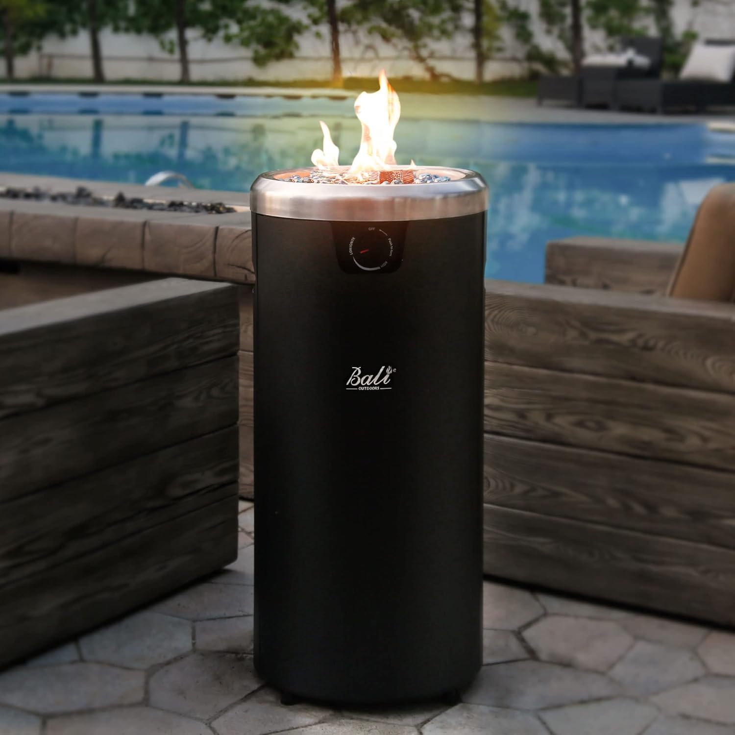 BALI OUTDOORS 15 inch Round Gas Fire Pit, Patio Fireplace, Propane Fire Column with Blue Fire Glass for Outdoor Backyard Garden
