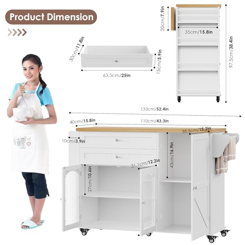 FINETONES Kitchen Island with Storage, Rolling Kitchen Island on Wheels with Wood Drop Leaf Countertop