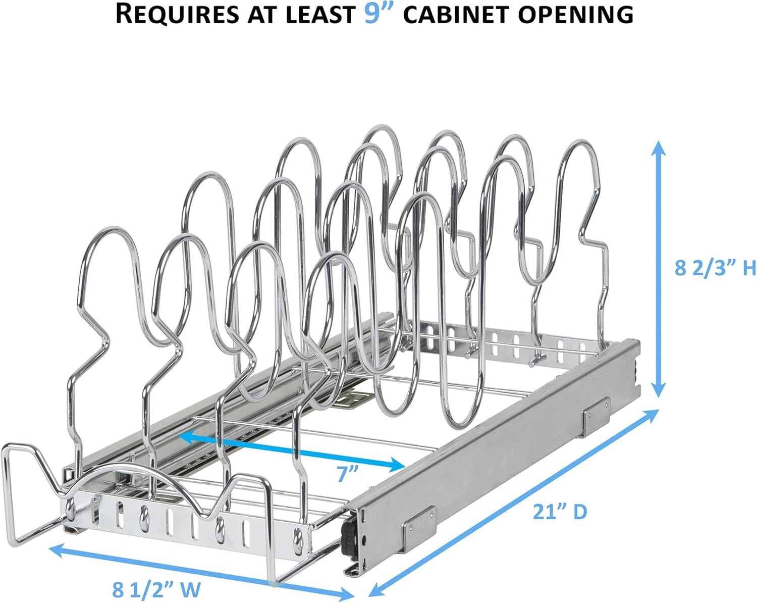Pull Out Pan Lid Organizer Rack for Cabinet - Pull Out Organizer for Pots, Pans, Lids, Sliding Storage Rack -7" W X 21” D X 8" H