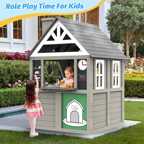 Kids Outdoor Playhouse,Cedar Gray Wooden Play House for Kids Ages 3-8, with Play Kitchen, Interactive Doorbell, Toy Phone, Sink, Flowerpot
