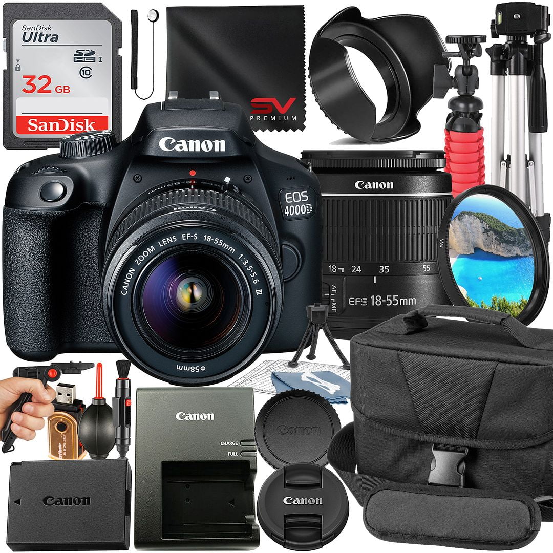 Canon EOS 4000D / Rebel T100 DSLR Camera Bundle with 18-55mm Zoom Lens + 32GB SanDisk Card + Case + Tripod + SV Premium Accessory