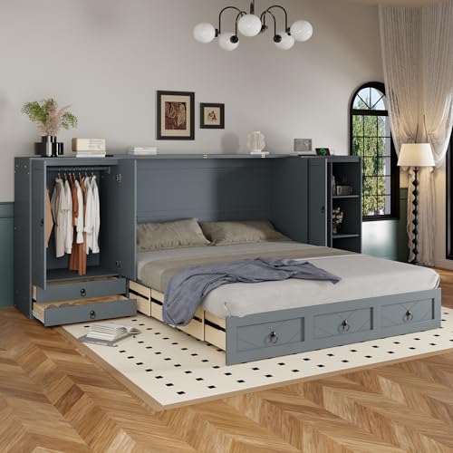 Queen Size Murphy Bed Wall Bed, Solid Pine Murphy Bed Chest Cube Cabinet Bed with USB, Charging Station